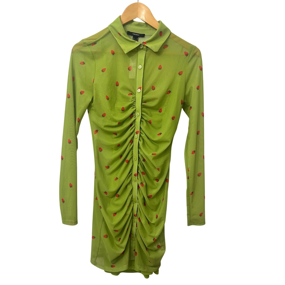 Forever 21‎ Strawberry Print Ruched Mesh Mini Dress Green Long Sleeve Medium NWT